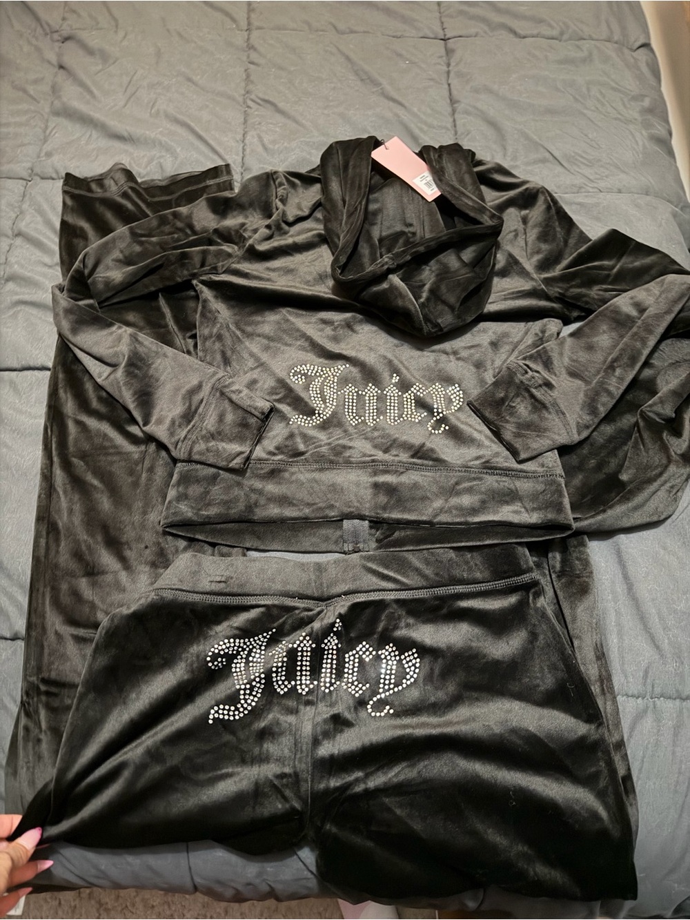 Juicy Couture Black Velour Rhinestone Logo Hoodie & Track Pants